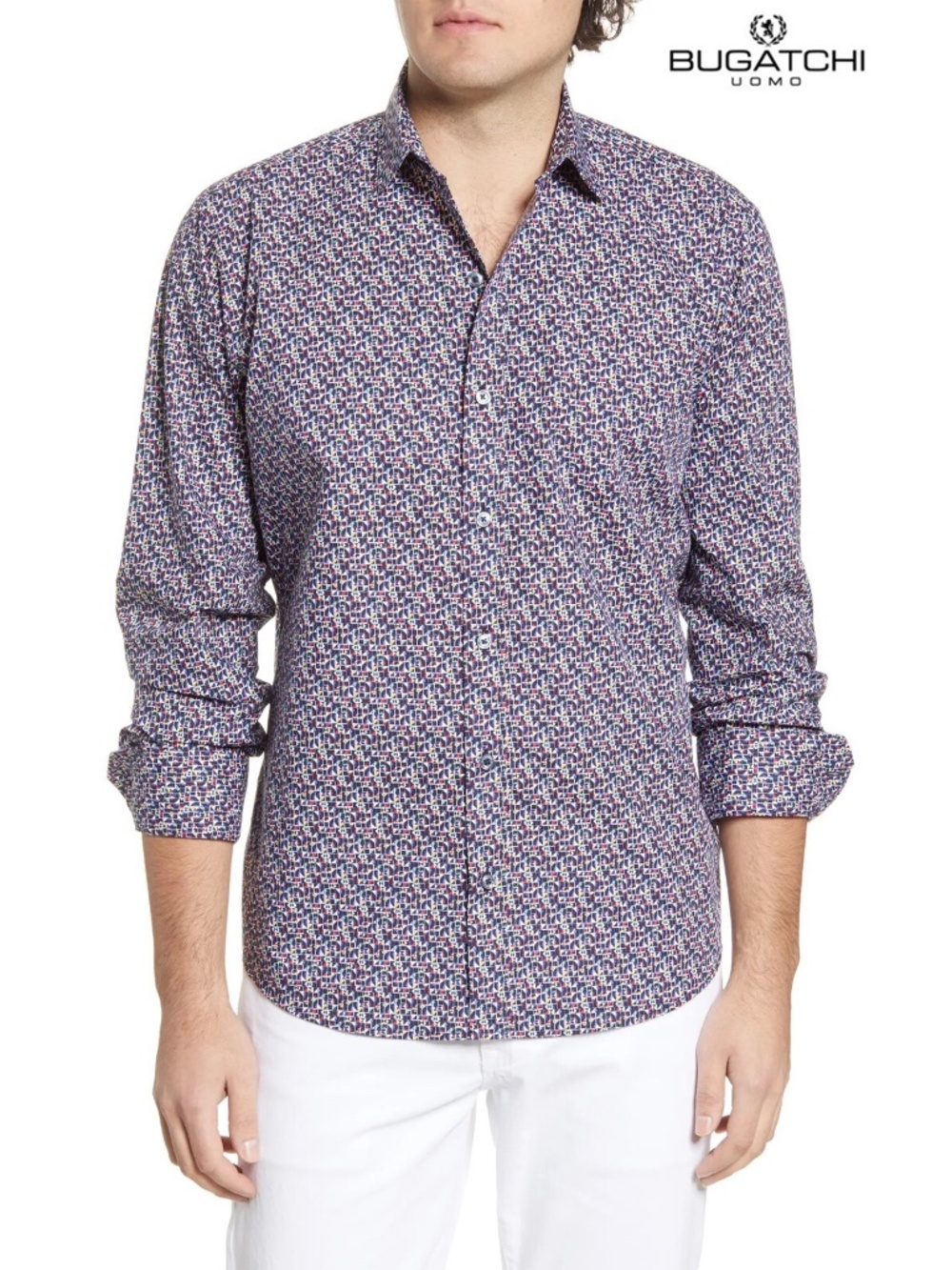 BUGATCHI MEN NWT ABSTRACT PRINT L/S CLASSIC FIT MULTI COTTON SPORT SHIRT. SIZE L